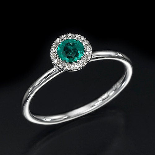 Green emerald halo diamond ring